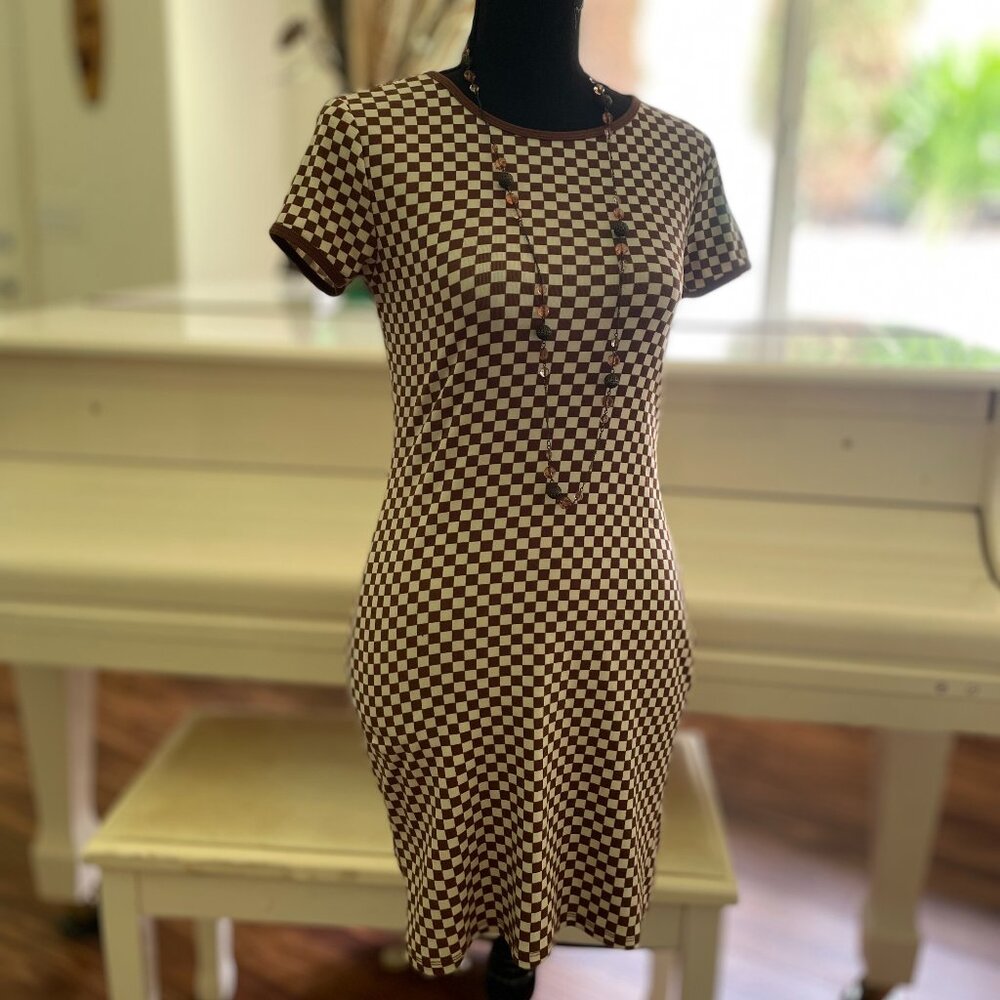 Brown Checkered Midi-Length Dress